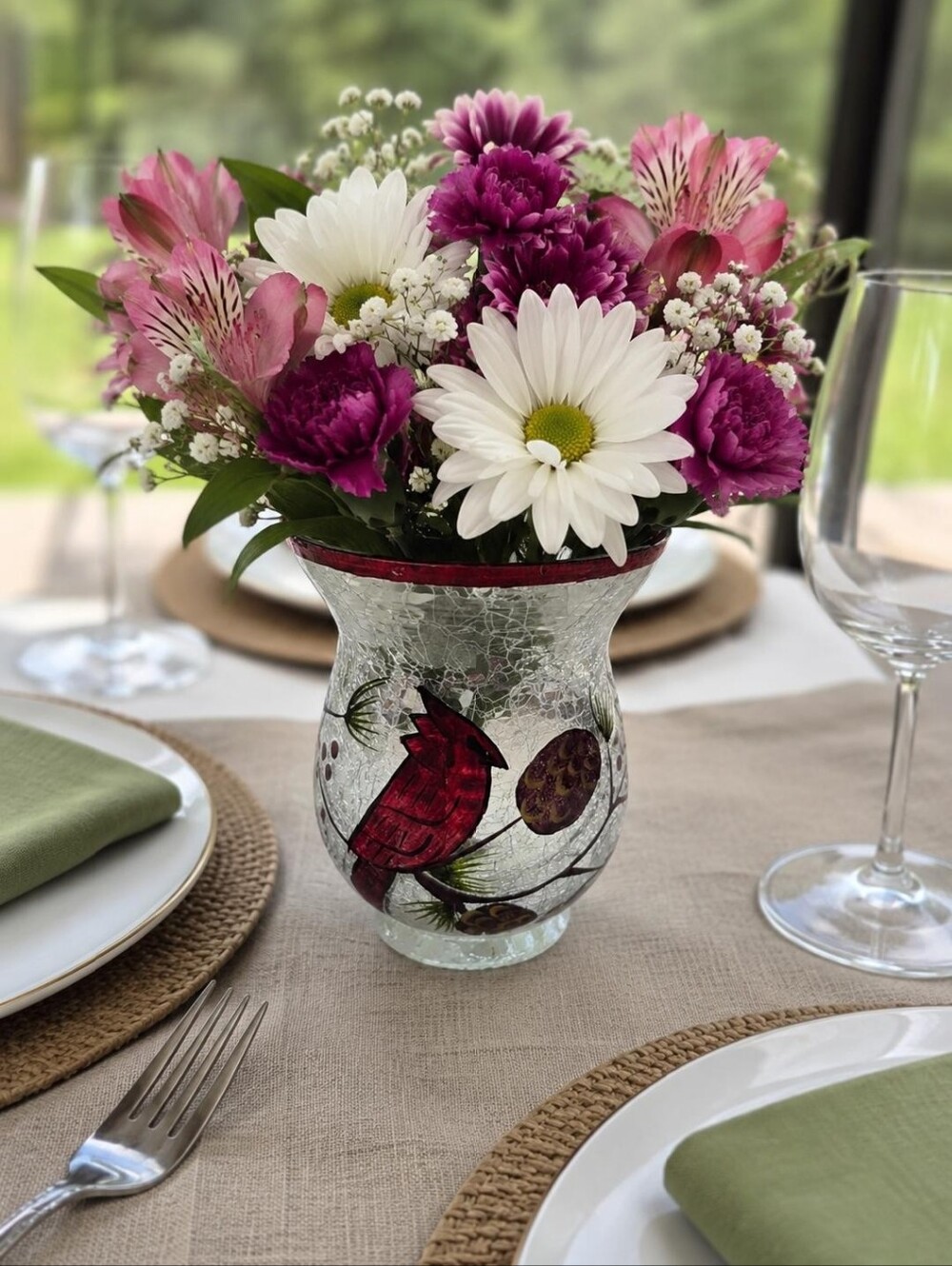 Crackle glass flower vase or candle holder.